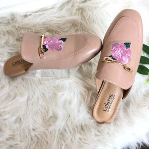 Catherines Malandrino pink floral horsebit mules